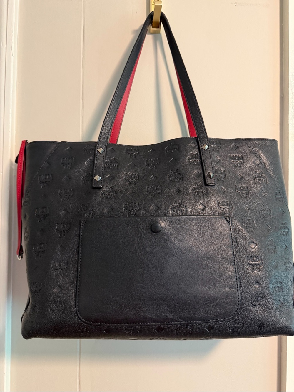 MCM Black Leather Tote with Red-Trim Handles